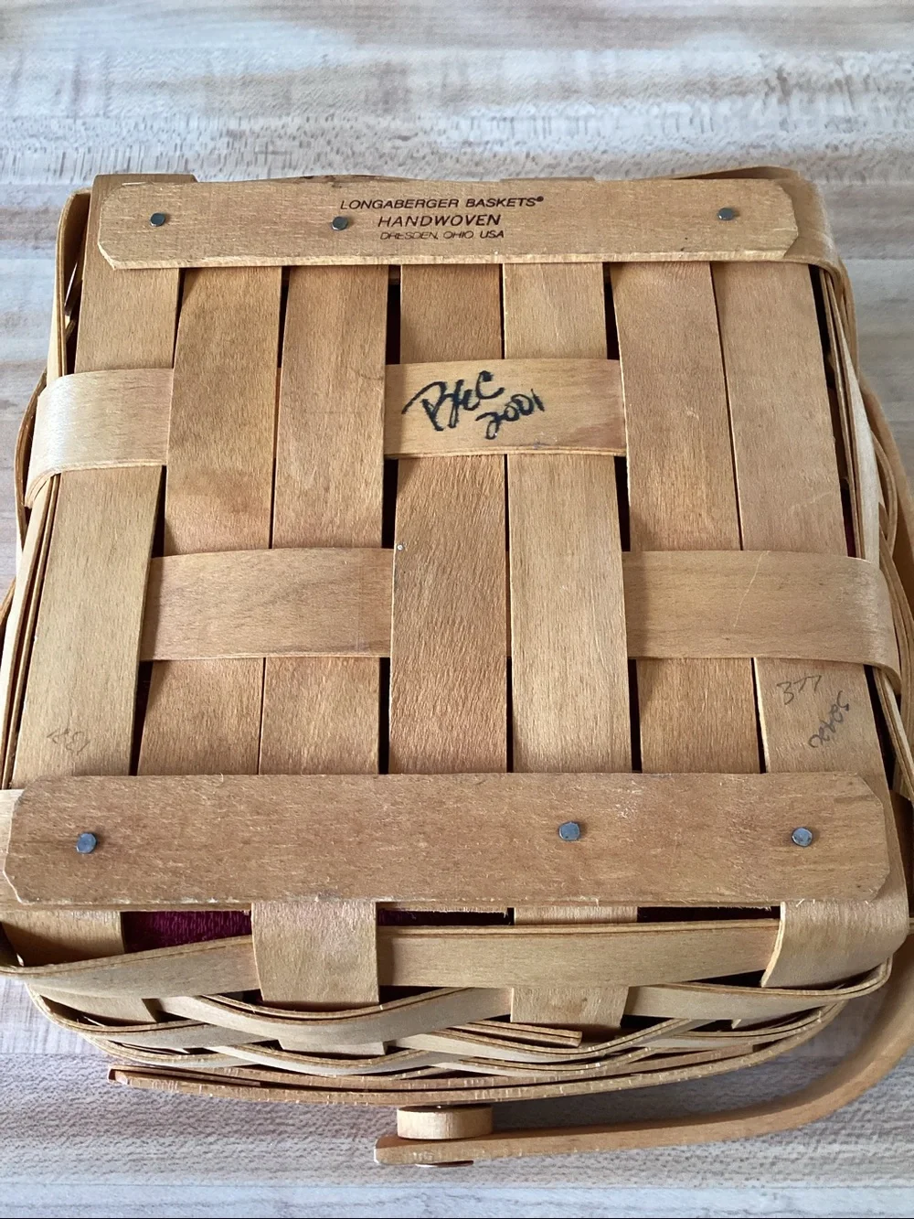 Longaberger HandwovenNatural Wood Basket with Fabric Liner and Clear Insert.